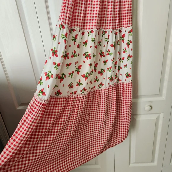 Bebop gingham checkered strawberry smocked maxi dress peasant M tiered festival - Picture 2 of 8